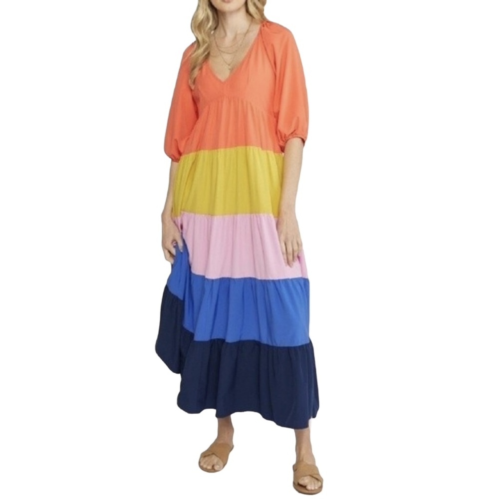 Entro Women’s Colorblock Tiered Maxi Dress Size Small Multicolor Boho Style